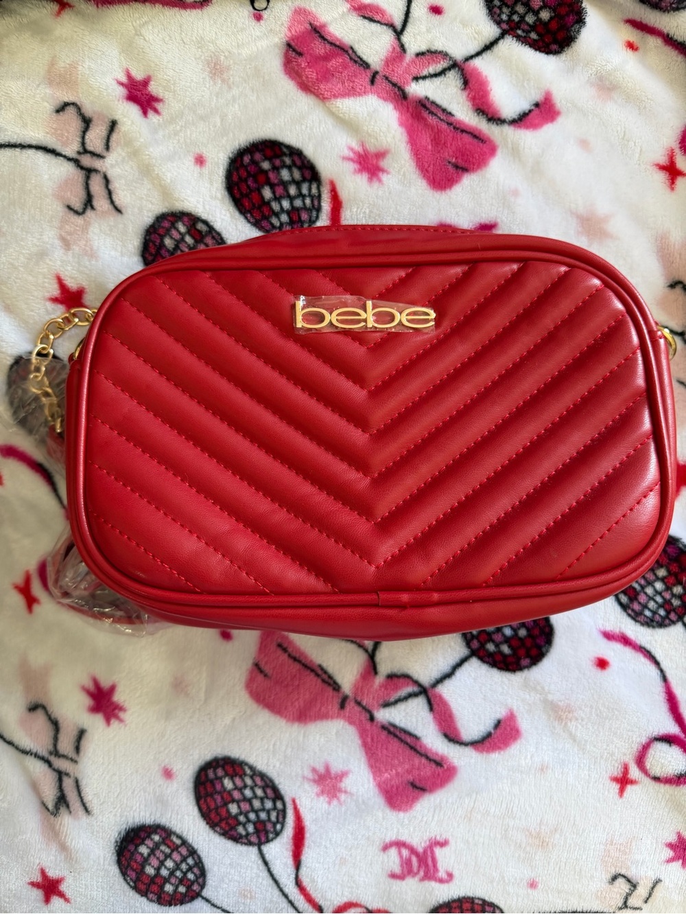 bebe Quilted Red Crossbody Camera Bag with Gold Logo